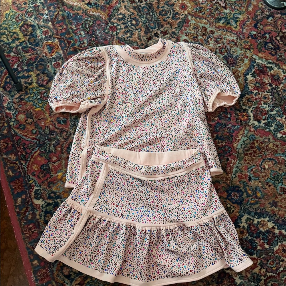 Queen Of Sparkles Set Pink Rhinestone Puff Sleeve Shirt And Skirt Women’s XL - Picture 2 of 8